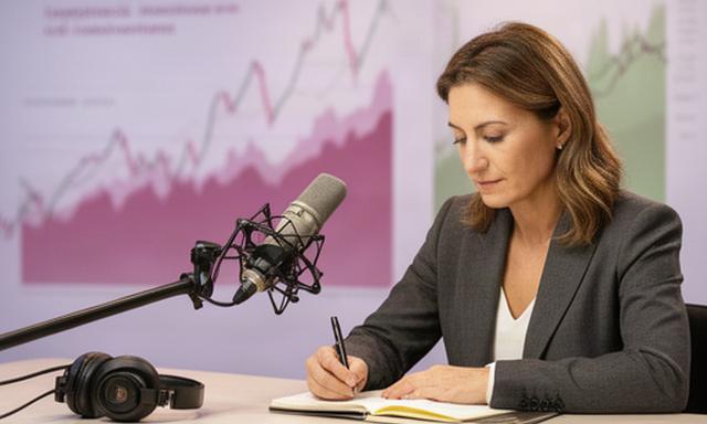Analista económico tomando notas frente a gráficos de mercados en un estudio de radio
