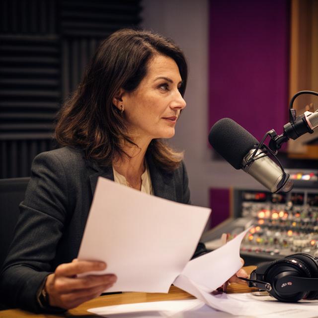 Directora de podcast revisando un guion económico en un estudio de radio de Bilbao