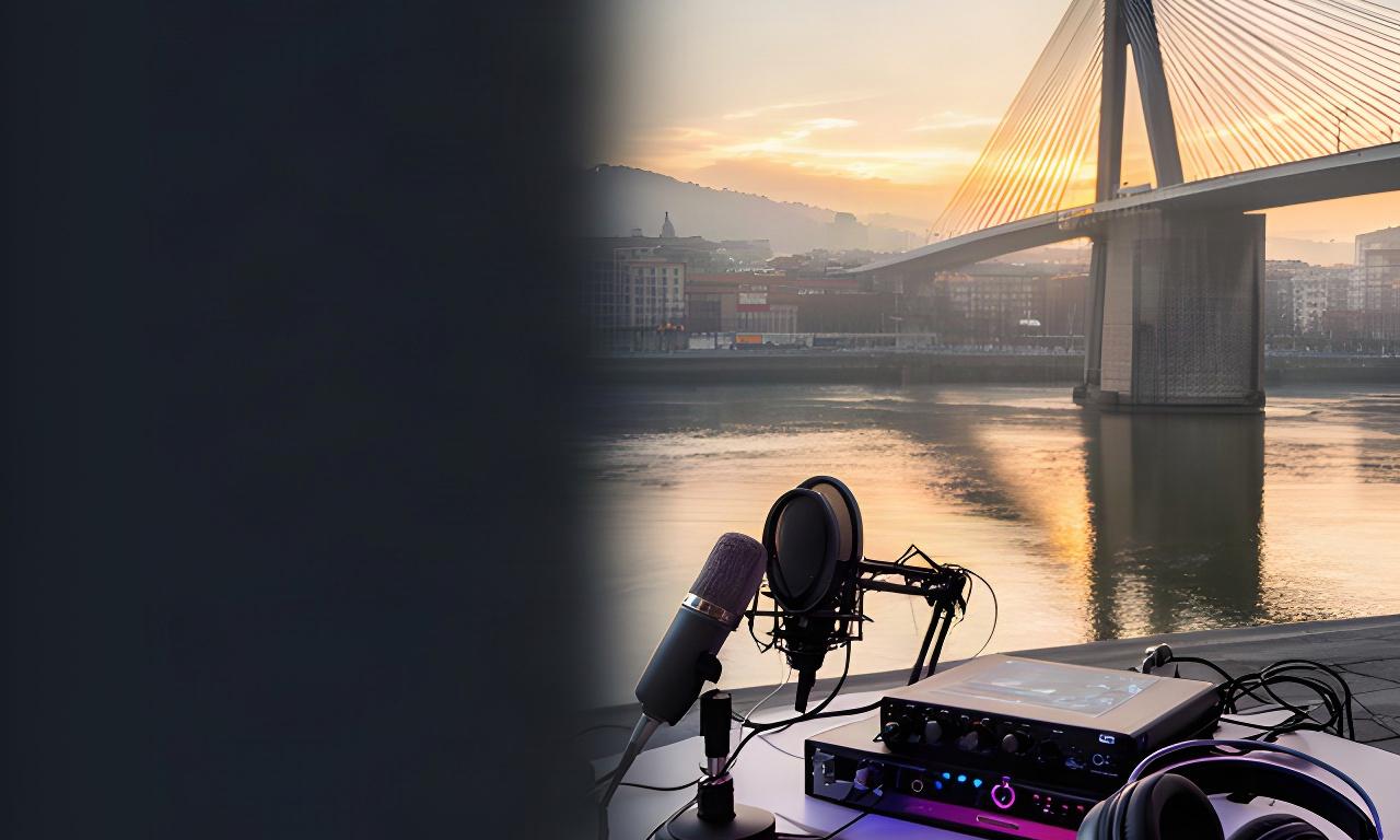 Ría de Bilbao al amanecer con el Puente Bizkaia y una mesa de estudio de podcast en primer plano