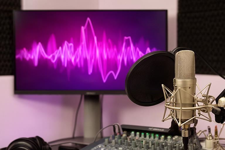 Estudio de grabación en Bilbao con micrófono broadcast, mesa de audio y ondas sonoras en una pantalla