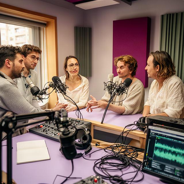 Equipo de una productora de podcast económico conversando en el estudio de Bilbao junto a micrófonos y una mesa de edición