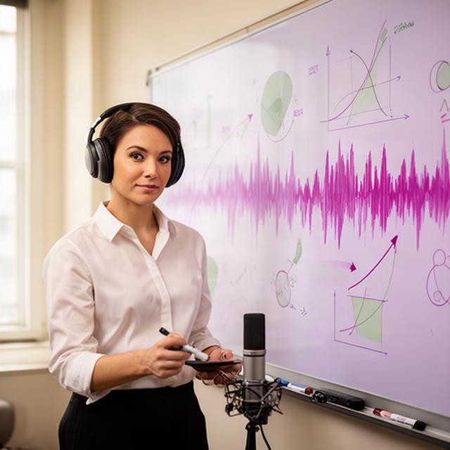 Profesor con auriculares preparando una clase de economía frente a una pizarra con fórmulas y ondas sonoras